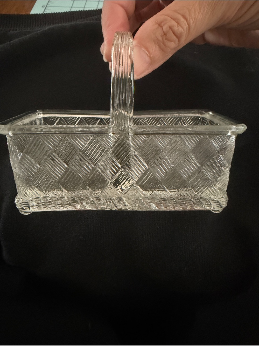 Vintage EAPG Clear Glass Divided Basket with Handle Basketweave design